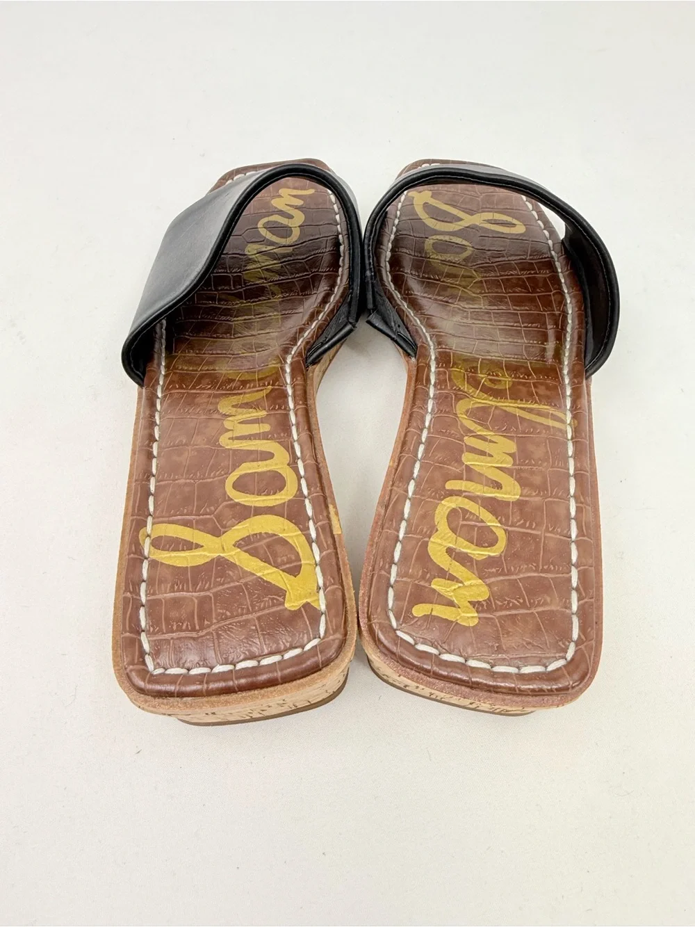Sam Edelman VALERY Black Leather Padded Footbed Cork Wedge Slide Sandals